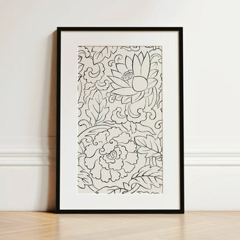 Black & White Florals - Taguchi Tomoki Woodblock Print / Canvas Black-framed Artwork Intricate Line-drawn Floral Patterns Light Beige