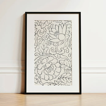 Black & White Florals - Taguchi Tomoki Woodblock Print / Canvas, Taguchi Tomoki, Vintage Japanese Woodblock, White Floral Woodblock Print