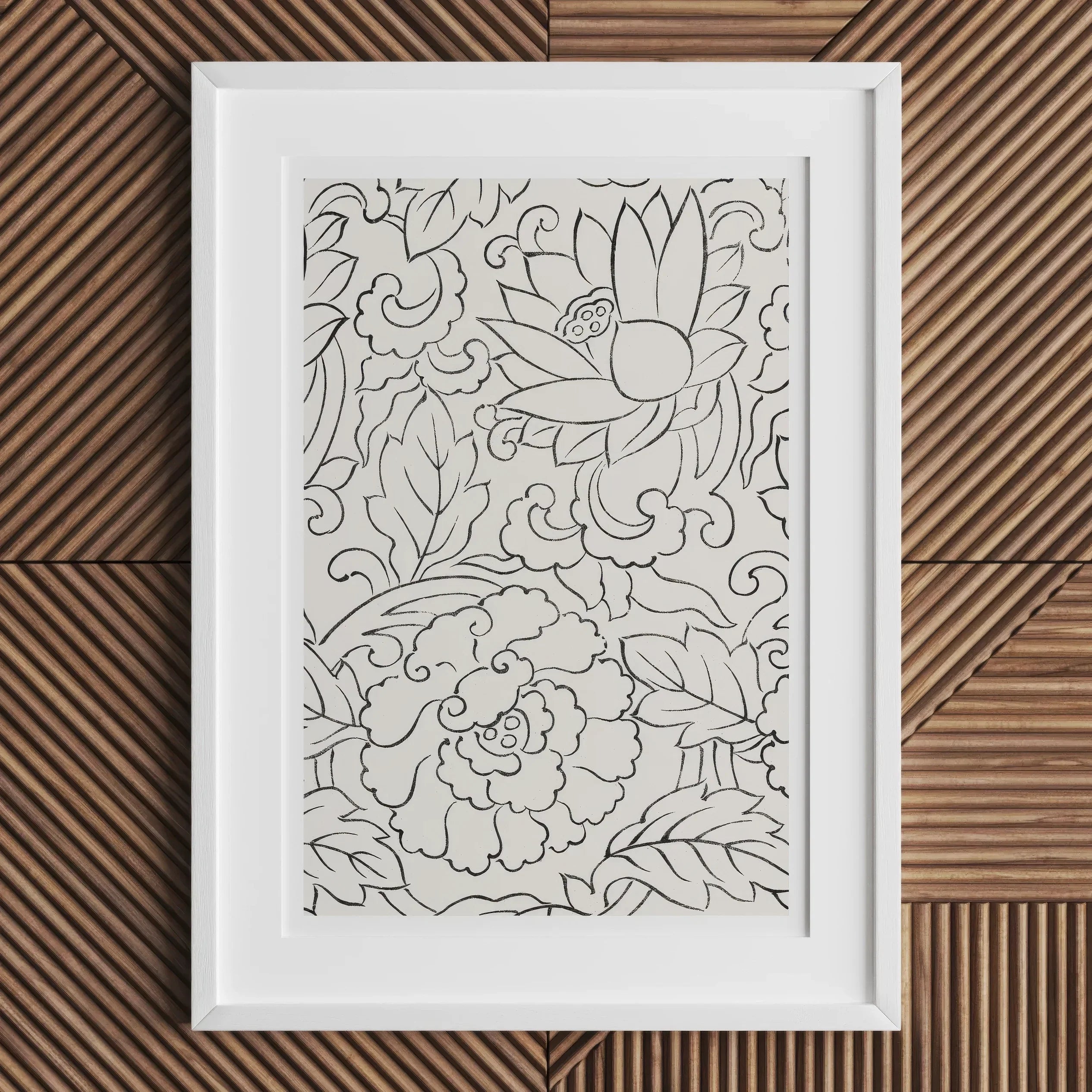 Black & White Florals - Taguchi Tomoki Woodblock Print, 16’’x24’’ / Unframed Art, Kite-769503692, Framed Black White