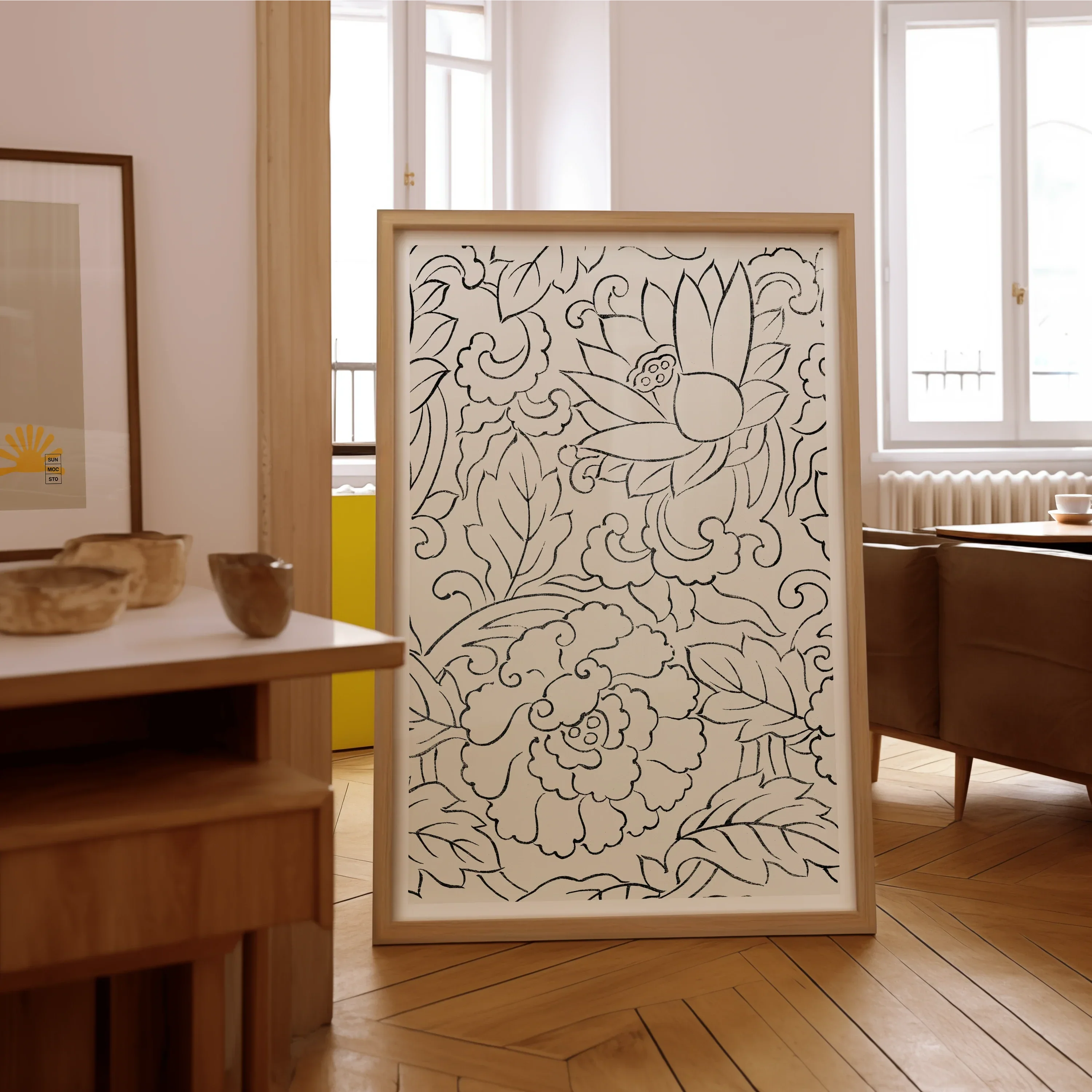 Black & White Florals - Taguchi Tomoki Woodblock Print, 40’’x60’’ / Unframed Art, Kite-769503704, Framed Black White