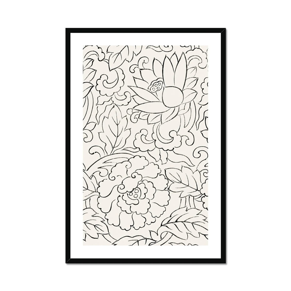 Black & White Florals - Taguchi Tomoki Woodblock Print, Black White Line Floral Leaf Patterns Decorative Style