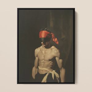 Blackout - Vintage 19th Century Gay Fetishism Framed Canvas, 12x16’’ / 31x41cm / Black Floating Frame, Framed Painting Blindfolded Man