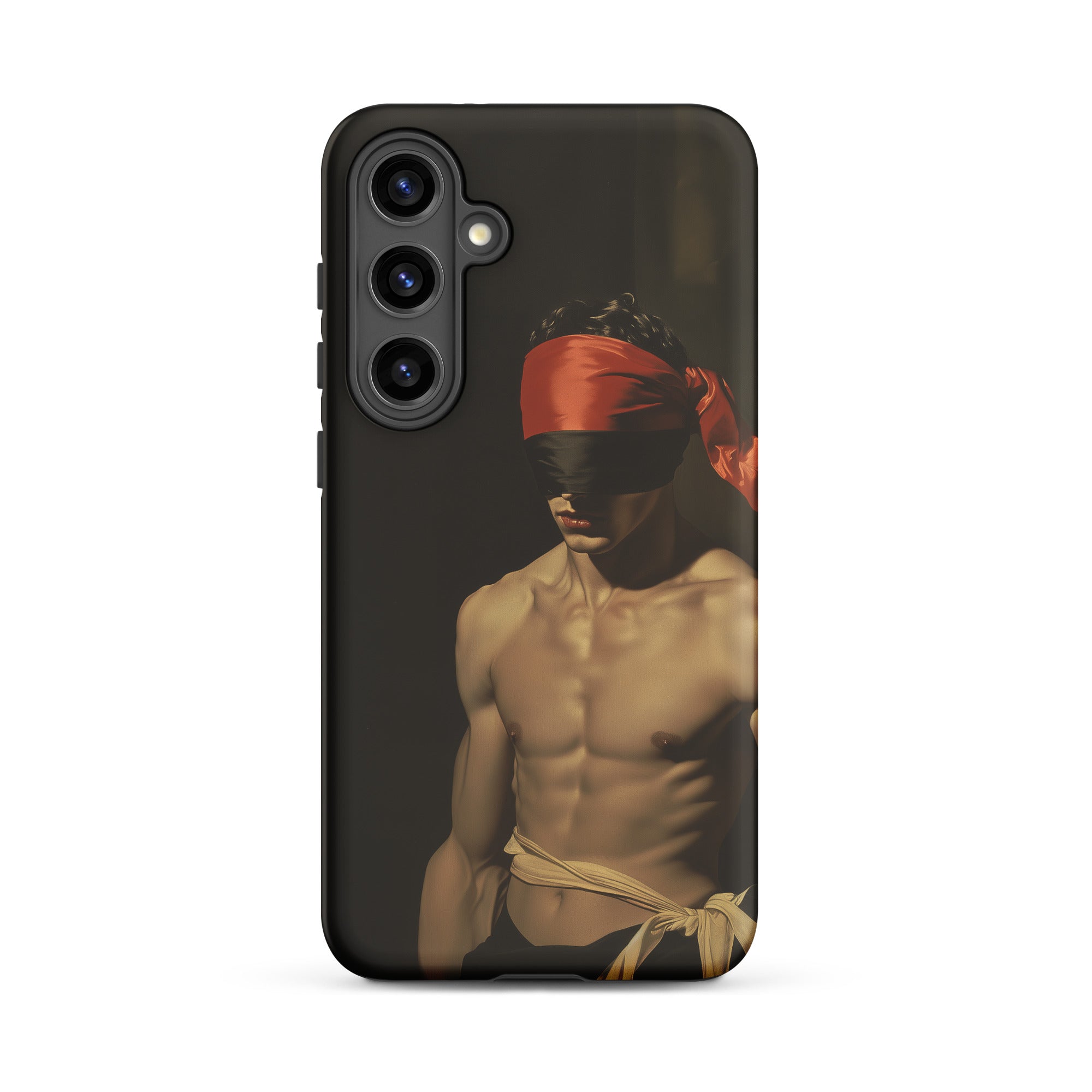 Blackout Vintage 19th Century Gay Fetishism Samsung Case, Galaxy S24 Plus / Matte, Black Smartphone Case Blindfolded Shirtless Man Red