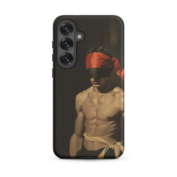 Blackout - Vintage 19th Century Gay Fetishism Samsung Case, Galaxy S25 Plus / Matte, Black Smartphone Case Blindfolded Shirtless Man Orange