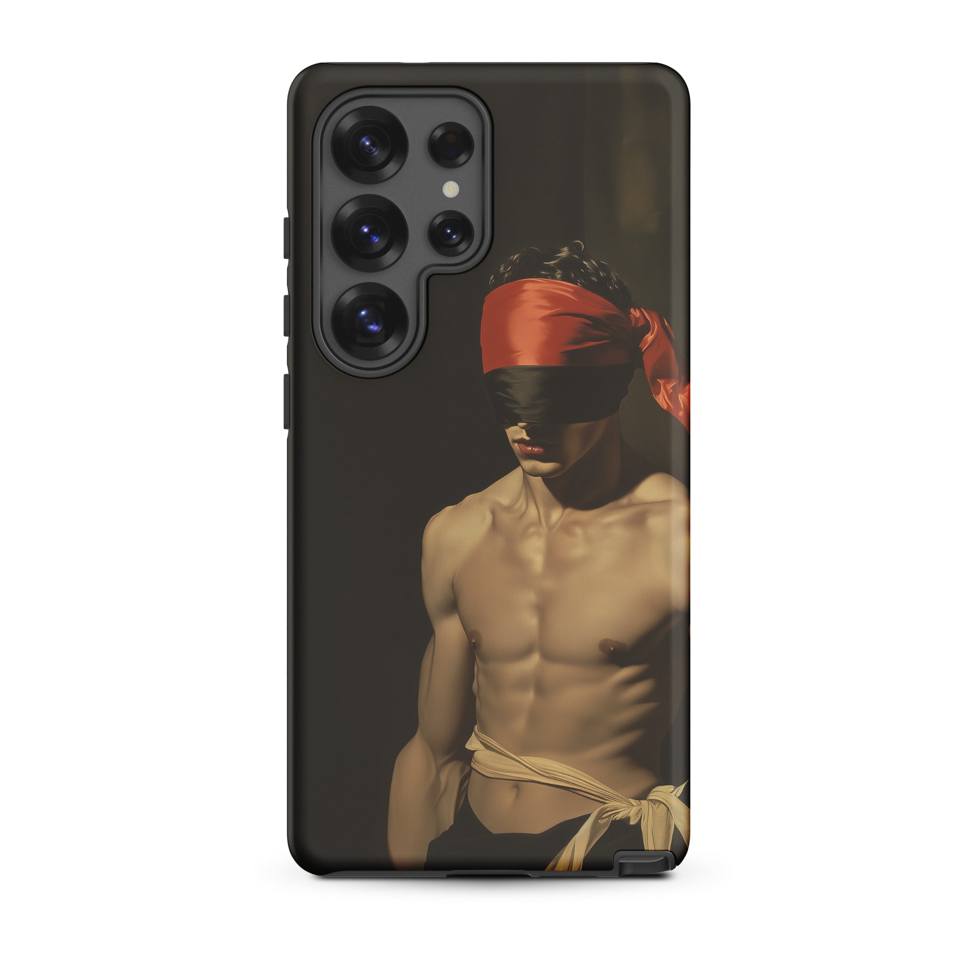 Blackout Vintage 19th Century Gay Fetishism Samsung Case, Galaxy S25 Ultra / Matte, Black Smartphone Case Blindfolded Shirtless Man Red