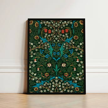 Framed Artwork Symmetrical Intricate Floral Design Vibrant Teal William Morris Florals, Hawthorn Emerges, British Flora