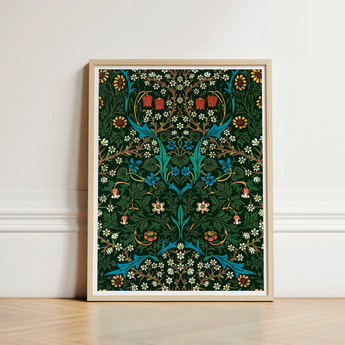 Framed Art Print Lush Symmetrical Floral Design Teal William Morris Florals, Hawthorn Emerges, British Flora