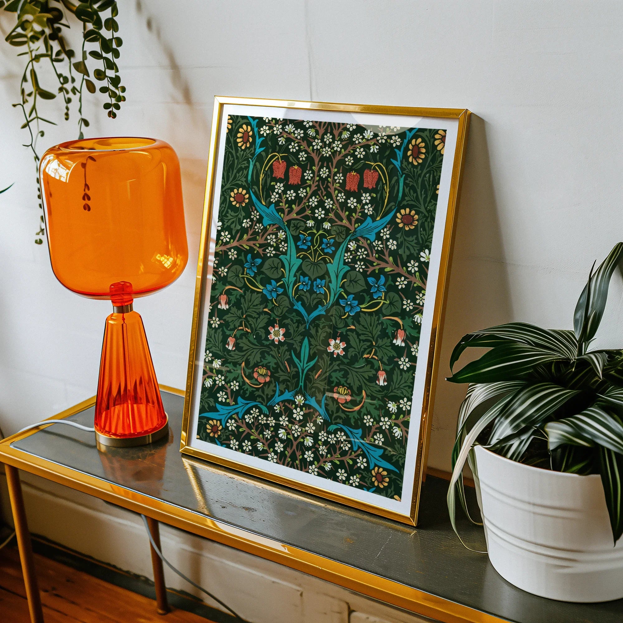 Blackthorn Hawthorn - William Morris Florals Art Print, Framed Art Print Dark Floral Pattern Turquoise Branches