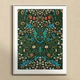 Blackthorn Hawthorn - William Morris Florals Art Print, Framed Floral Wallpaper Print Symmetrical Turquoise Vines White