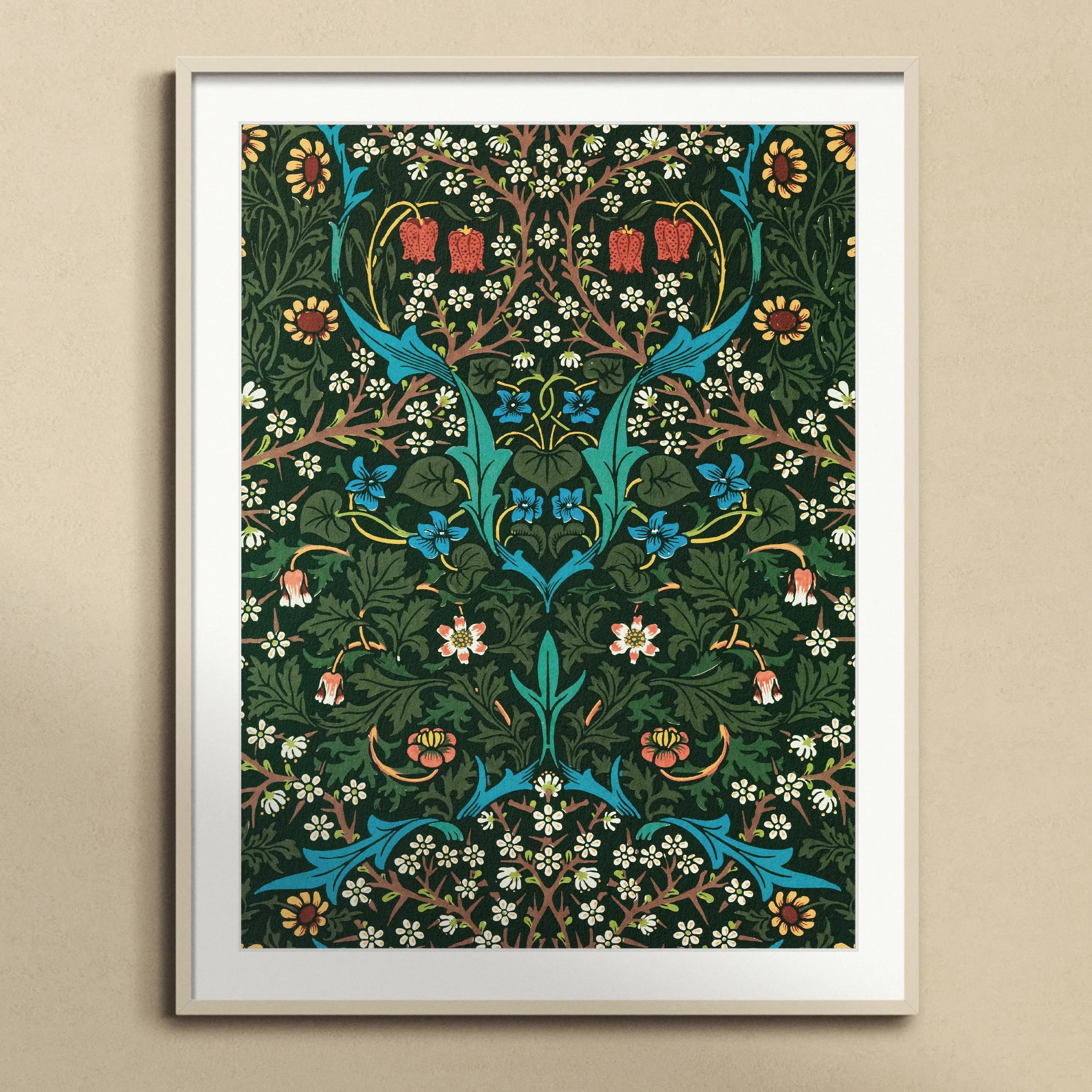 Blackthorn Hawthorn William Morris Florals Art Print, Framed Floral Wallpaper Print Symmetrical Turquoise Vines White