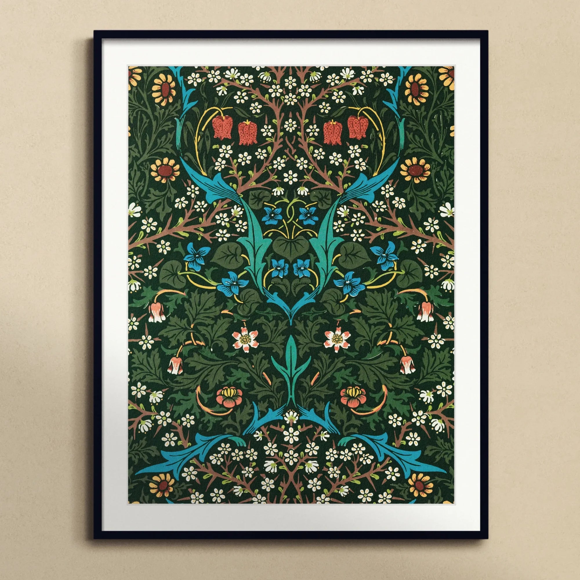 Blackthorn Hawthorn - William Morris Florals Art Print, Framed Floral Wallpaper Print Symmetrical Turquoise Vines White