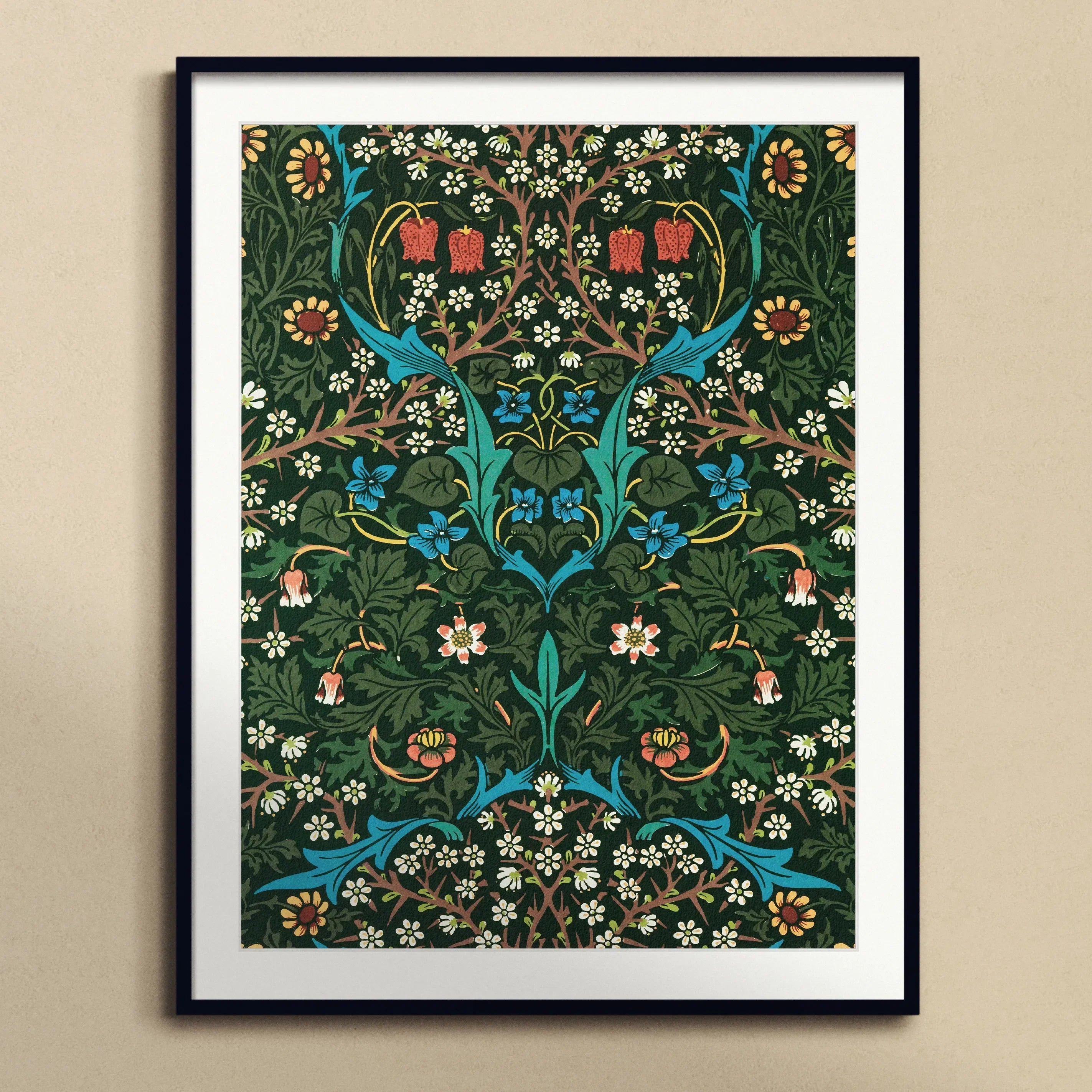 Blackthorn Hawthorn William Morris Florals Art Print, Framed Floral Wallpaper Print Symmetrical Turquoise Vines White