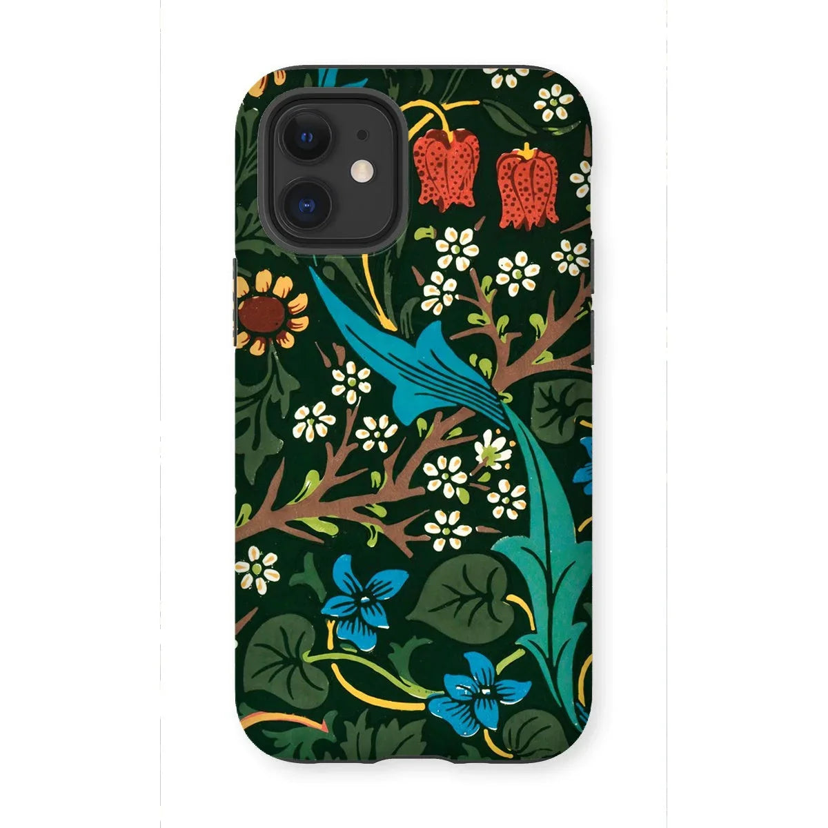 Blackthorn Hawthorn - William Morris Iphone Case, 12 Mini / Matte, Floral Bird Patterned Phone Case Dark Green Background