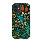 Blackthorn Hawthorn - William Morris Iphone Case, 12 Mini / Matte, Floral Bird Patterned Phone Case Dark Green Background