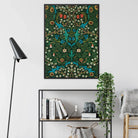 Blackthorn Hawthorn - William Morris Pattern Framed Canvas, Framed Art Print Turquoise Deer Among Ornate Floral