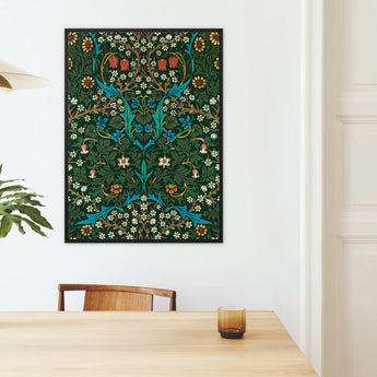 Blackthorn Hawthorn - William Morris Pattern Framed Canvas, Decorative Floral Wall Art Symmetrical Turquoise Birds Botanical