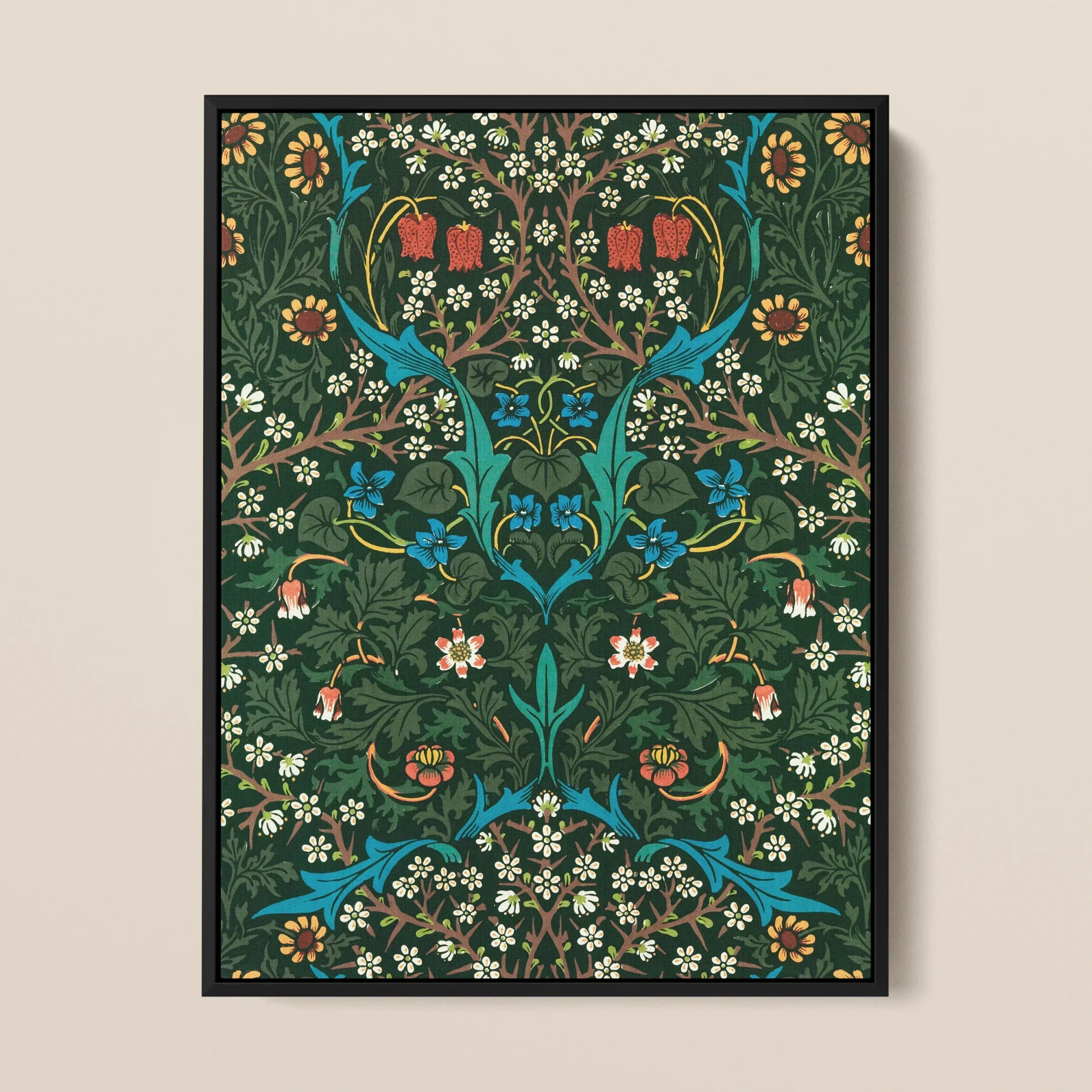 Blackthorn Hawthorn - William Morris Pattern Framed Canvas, Ornate Floral Botanical Pattern Symmetrical Design Rich