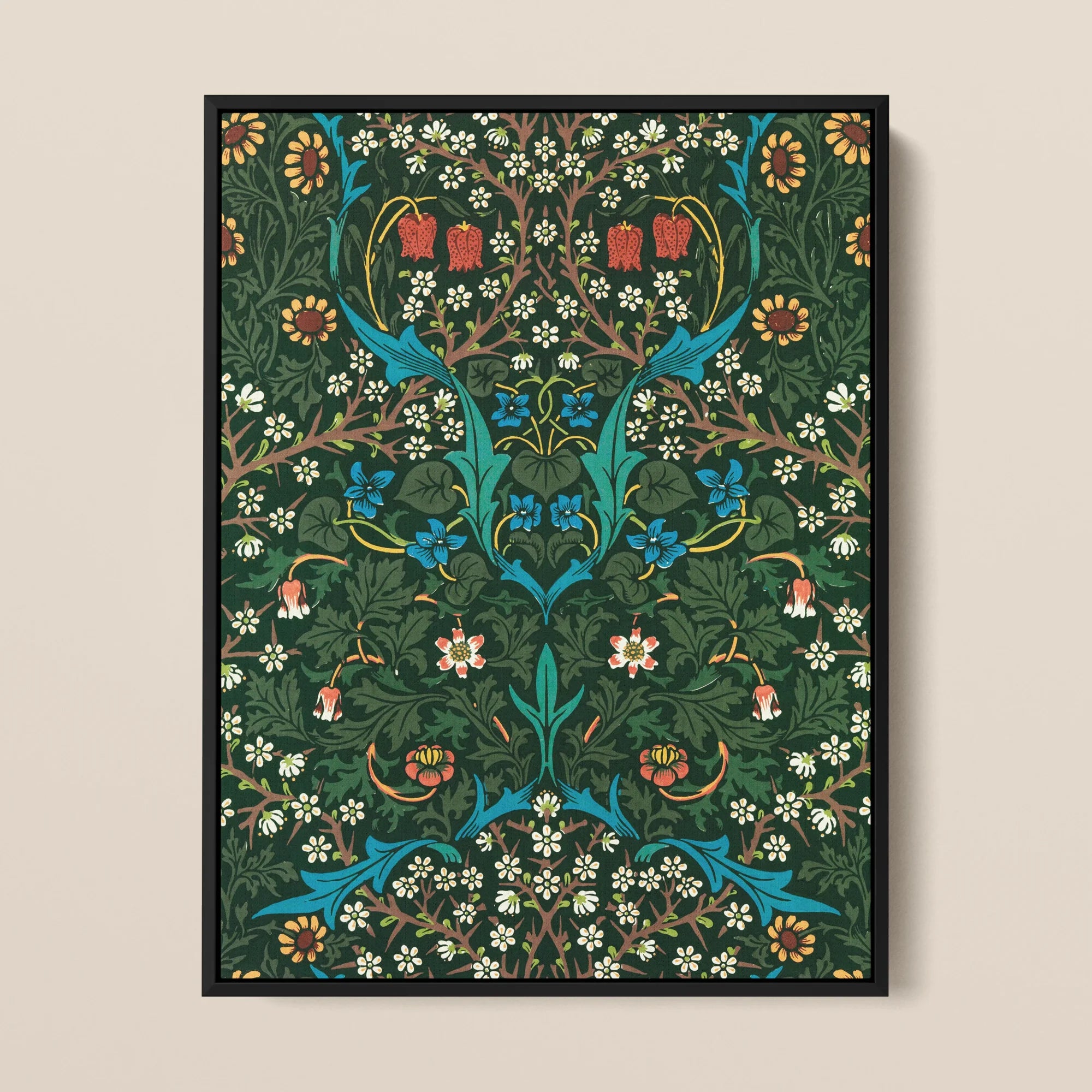 Blackthorn Hawthorn - William Morris Pattern Framed Canvas, Ornate Floral Botanical Pattern Symmetrical Design Rich Green