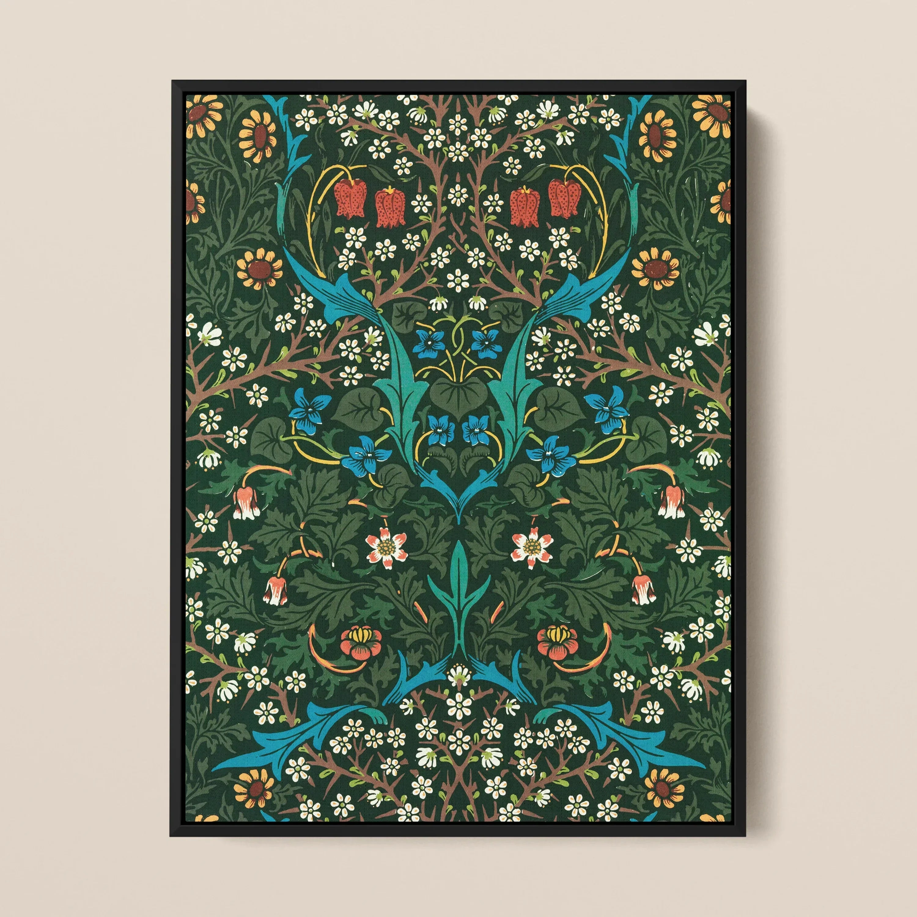 Blackthorn Hawthorn William Morris Pattern Framed Canvas, Ornate Floral Botanical Pattern Symmetrical Design Rich Green