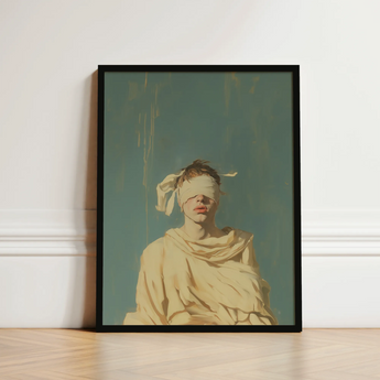 Framed Artwork Figure Blindfold Draped Fabric Rendered Muted Neoclassical Gay Saint, Blindfolded, Hovers