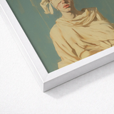 Framed Artwork Figure Pale Yellow Fabric Muted Teal Neoclassical Gay Saint, Blindfolded, Hovers