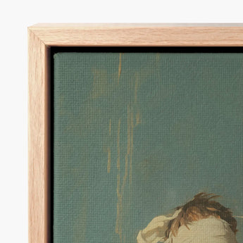 Framed Canvas Print Teal Background Subtle Gold Brushstrokes Neoclassical Gay Saint, Blindfolded, Hovers