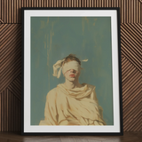 Neoclassical blindfolded figure with draped fabric.