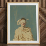 Framed art print of a blindfolded figure in draped fabric.