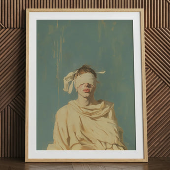 Framed art print of a blindfolded figure in draped fabric.