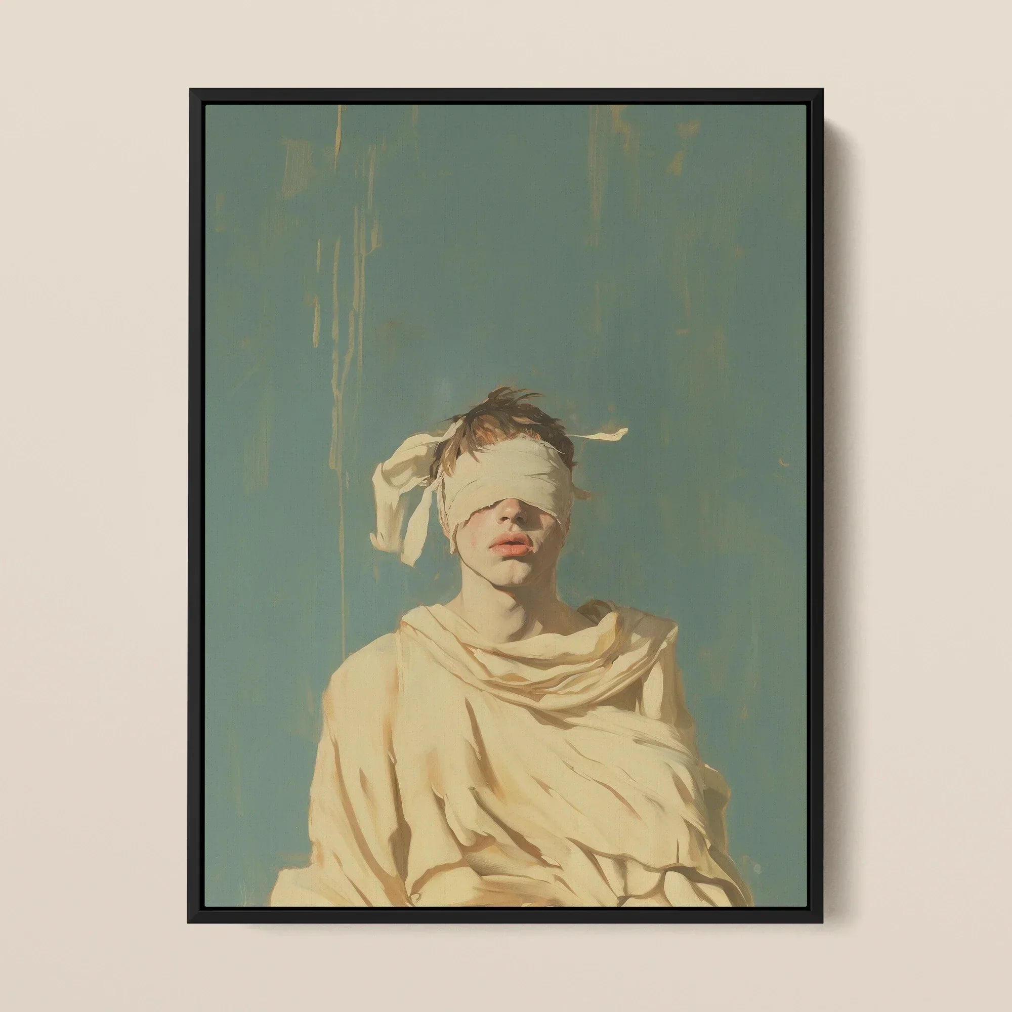 Blind Faith - Neoclassical Gay Saint Framed Canvas, 12x16’’ / 31x41cm / Black Floating Frame, Framed Painting Blindfolded Person