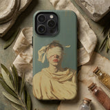 Blind Faith - Neoclassical Gay Saint Phone Case Matte Sage Green Phone Case Detailed Illustration Blindfolded Neoclassical Gay Saint, Silk