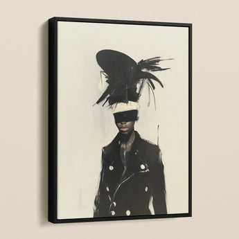 Blindside - Black Trans Biker Framed Canvas, Framed Artwork Person Blindfold Elaborate Hat