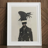Blindside - Black Trans Fashion Surrealism Art Print, 12x16’’ / 31x41cm / White Frame / 2’’ Matboard, Framed Artwork Figure Feathered Hat