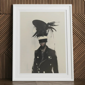 Blindside - Black Trans Fashion Surrealism Art Print, 12x16’’ / 31x41cm / White Frame / 2’’ Matboard, Framed Artwork Figure Feathered Hat