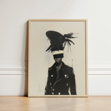 Framed Black-and-white Portrait Person Elaborate Feathered Hat Coat Trans Fashion Surrealism, Expressionist Sweeps, Art Print