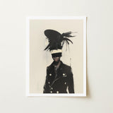 Blindside - Black Trans Fashion Surrealism Art Print / Canvas Feathered Headpiece White Band Worn Figure Double-breasted, Expressionist