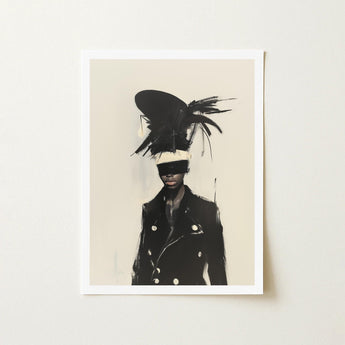 Blindside - Black Trans Fashion Surrealism Art Print / Canvas Feathered Headpiece White Band Worn Figure Double-breasted, Expressionist