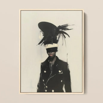 Blindside - Black Trans Fashion Surrealism Art Print / Canvas Black Feathered Headpiece White Band Worn Figure Coat Trans Fashion