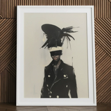 Blindside - Black Trans Fashion Surrealism Art Print / Canvas Framed Black-and-white Artwork Figure Bold Feathered Headpiece Dark Trans