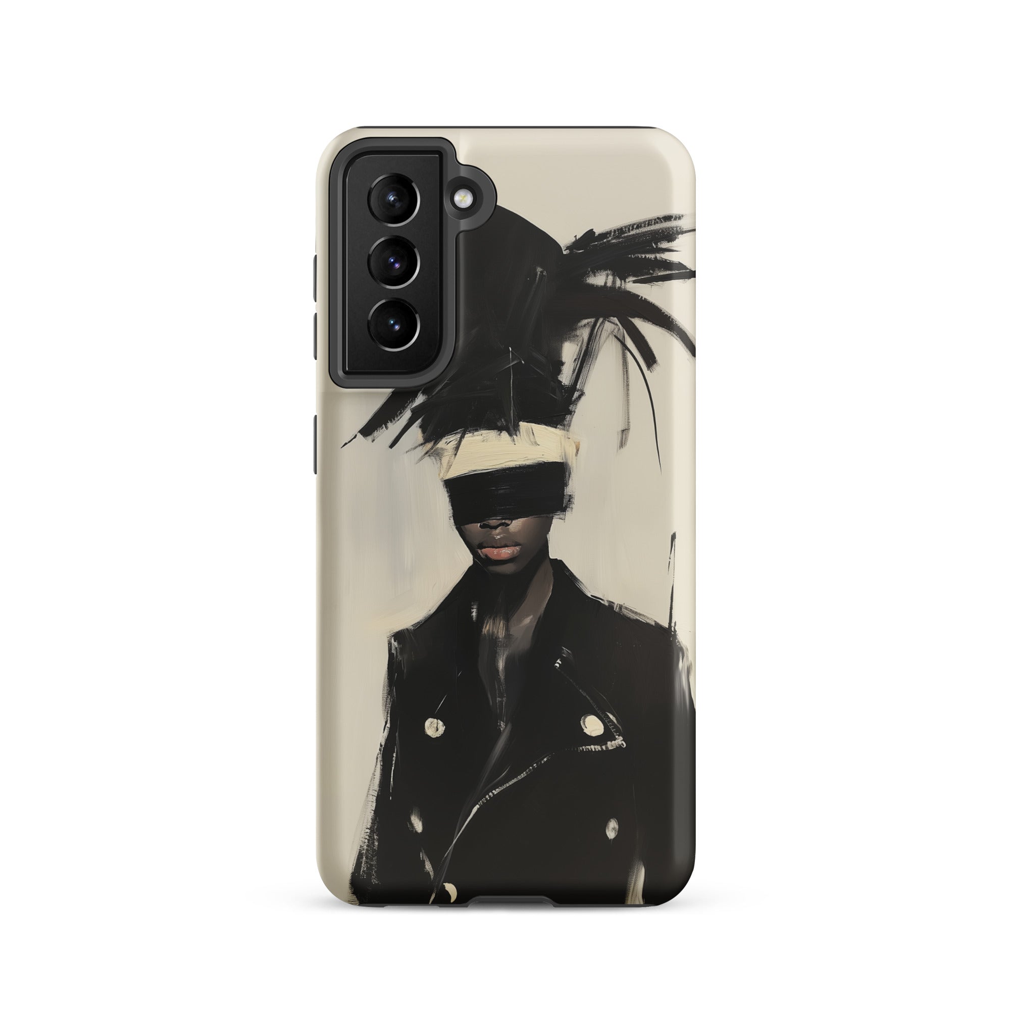 Blindside Black Trans Leather Fashion Samsung Case, Galaxy S21 / Matte, Smartphone Case Abstract Art Design Person Feathered Headdress