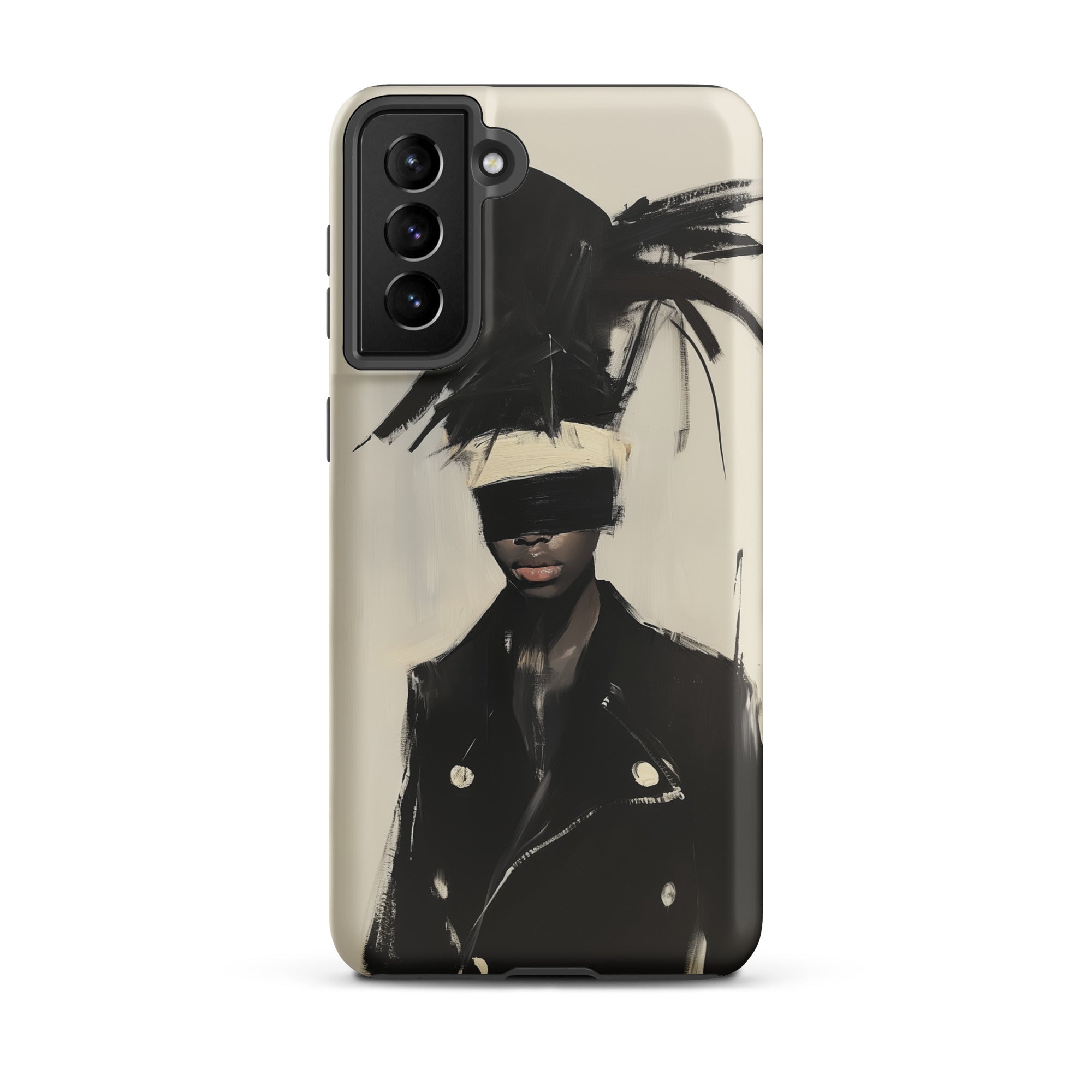 Blindside Black Trans Leather Fashion Samsung Case, Galaxy S21 Plus / Matte, Smartphone Case Abstract Painting Blindfolded Person Dark Coat