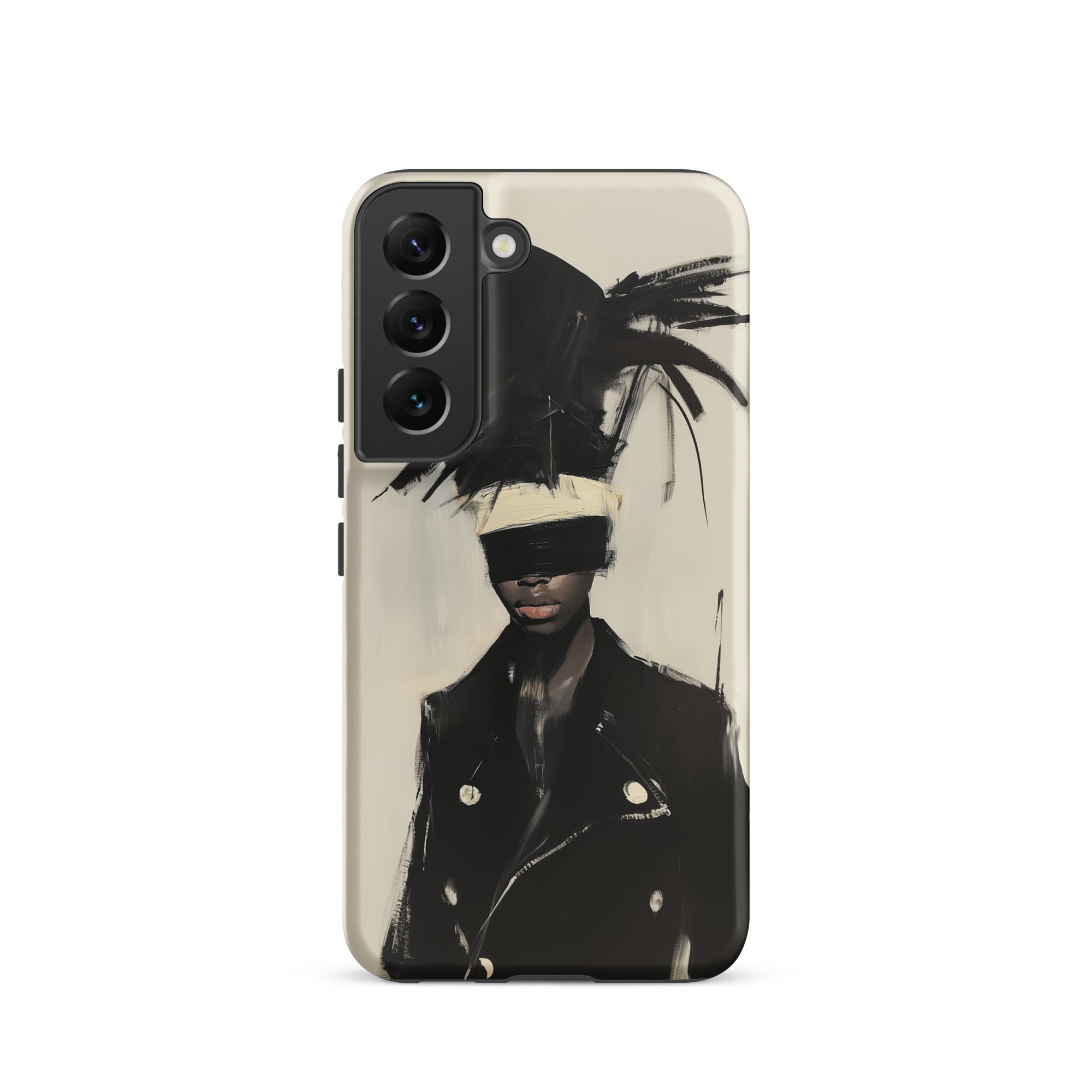 Blindside Black Trans Leather Fashion Samsung Case, Galaxy S22 / Matte, Smartphone Case Abstract Portrait Person Blindfold Feathered