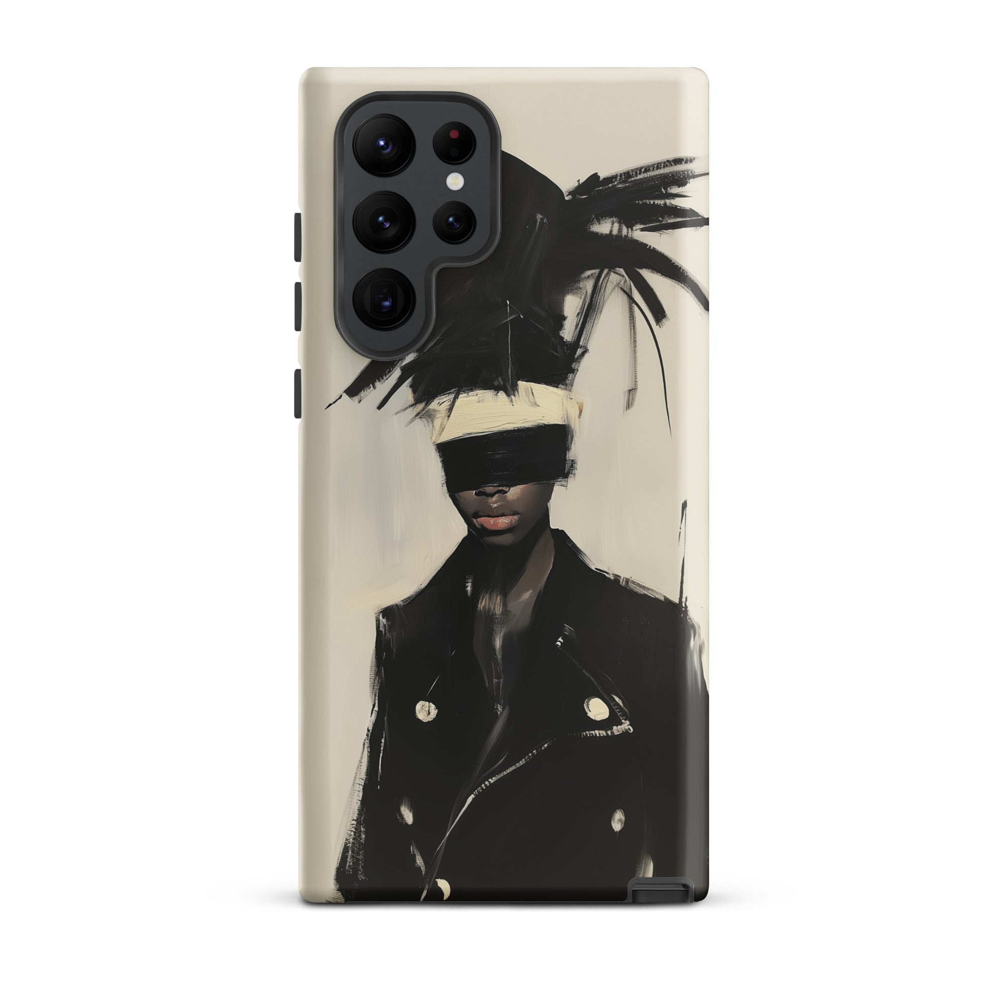 Blindside Black Trans Leather Fashion Samsung Case, Galaxy S22 Ultra / Matte, Smartphone Case Abstract Art Design Person Blindfold Feathered