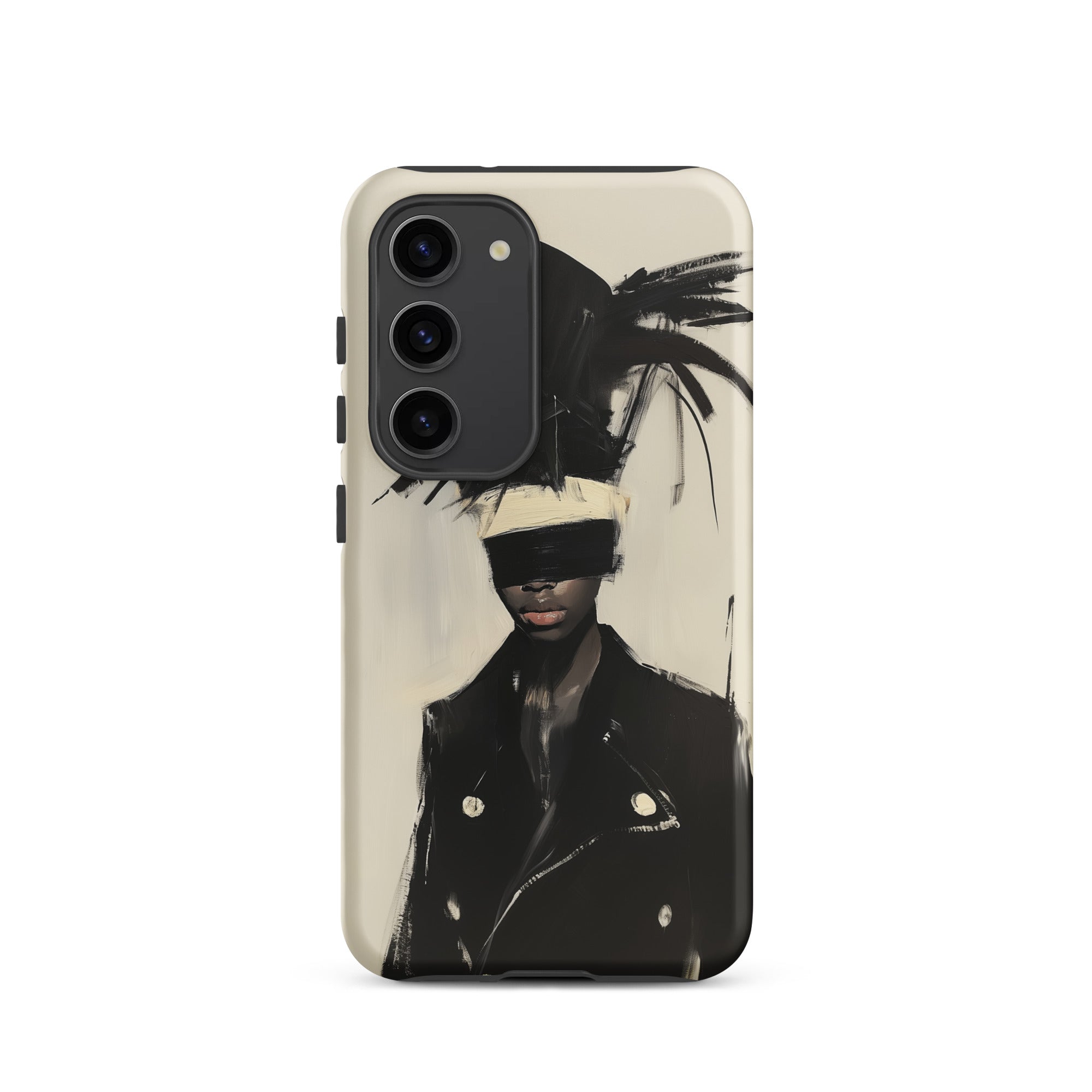 Blindside Black Trans Leather Fashion Samsung Case, Galaxy S23 / Matte, Smartphone Case Abstract Portrait Design Blindfolded Figure