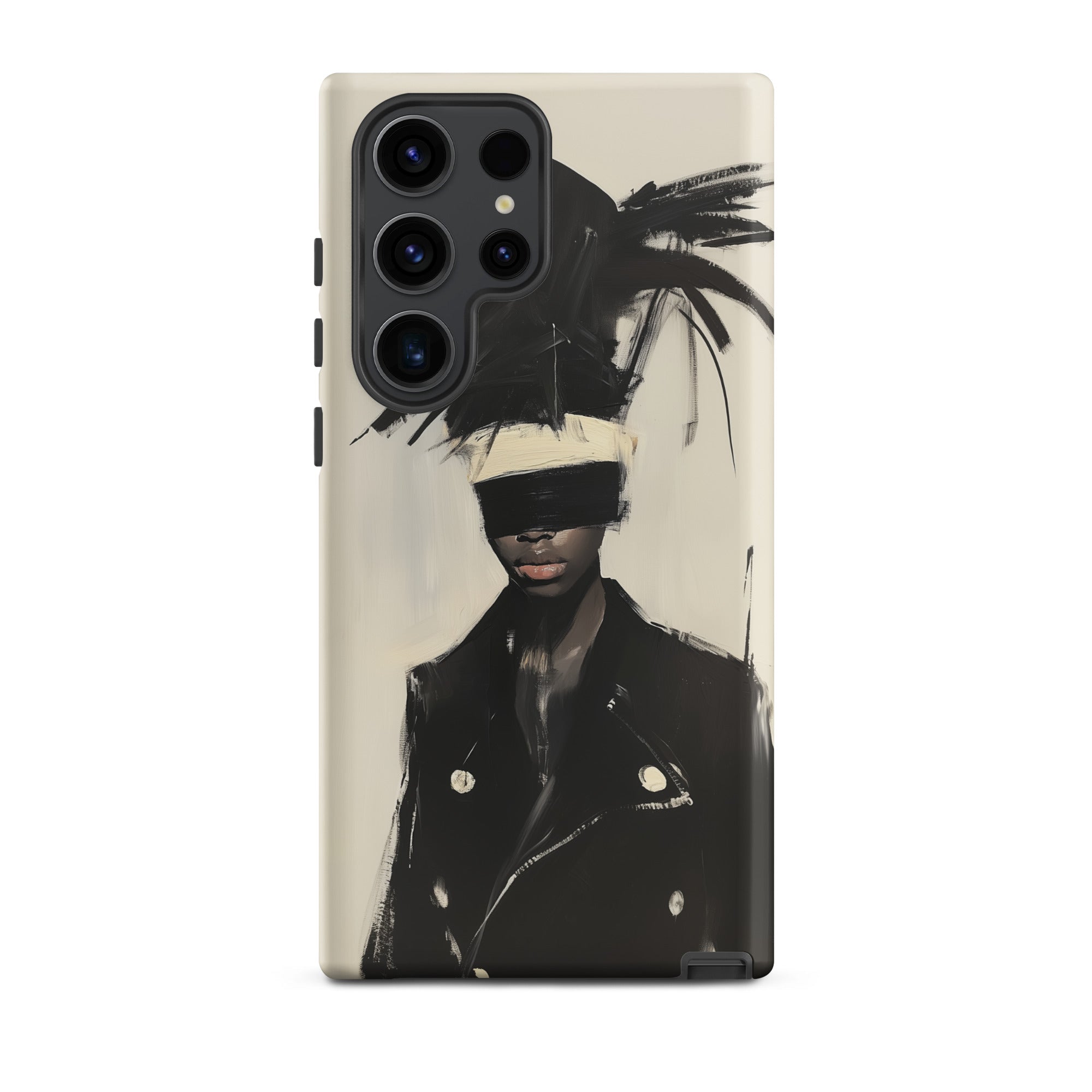 Blindside Black Trans Leather Fashion Samsung Case, Galaxy S23 Ultra / Matte, Phone Case Artistic Depiction Person Blindfold Feathered Hat