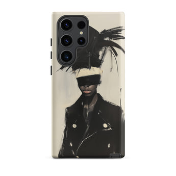 Blindside - Black Trans Leather Fashion Samsung Case, Galaxy S23 Ultra / Matte, Phone Case Artistic Depiction Person Blindfold Feathered Hat