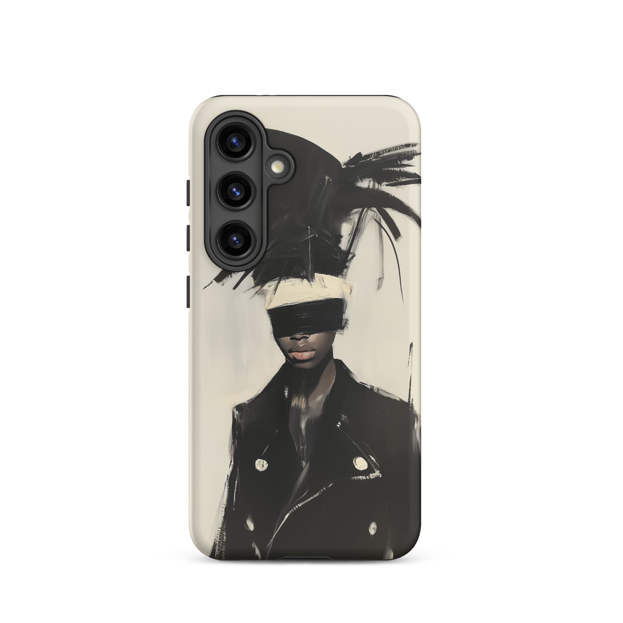 Blindside Black Trans Leather Fashion Samsung Case, Galaxy S24 / Matte, Smartphone Case Abstract Painting Blindfolded Person Feathered