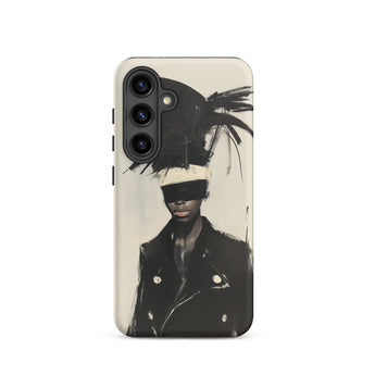 Blindside - Black Trans Leather Fashion Samsung Case, Galaxy S24 / Matte, Smartphone Case Abstract Painting Blindfolded Person Feathered