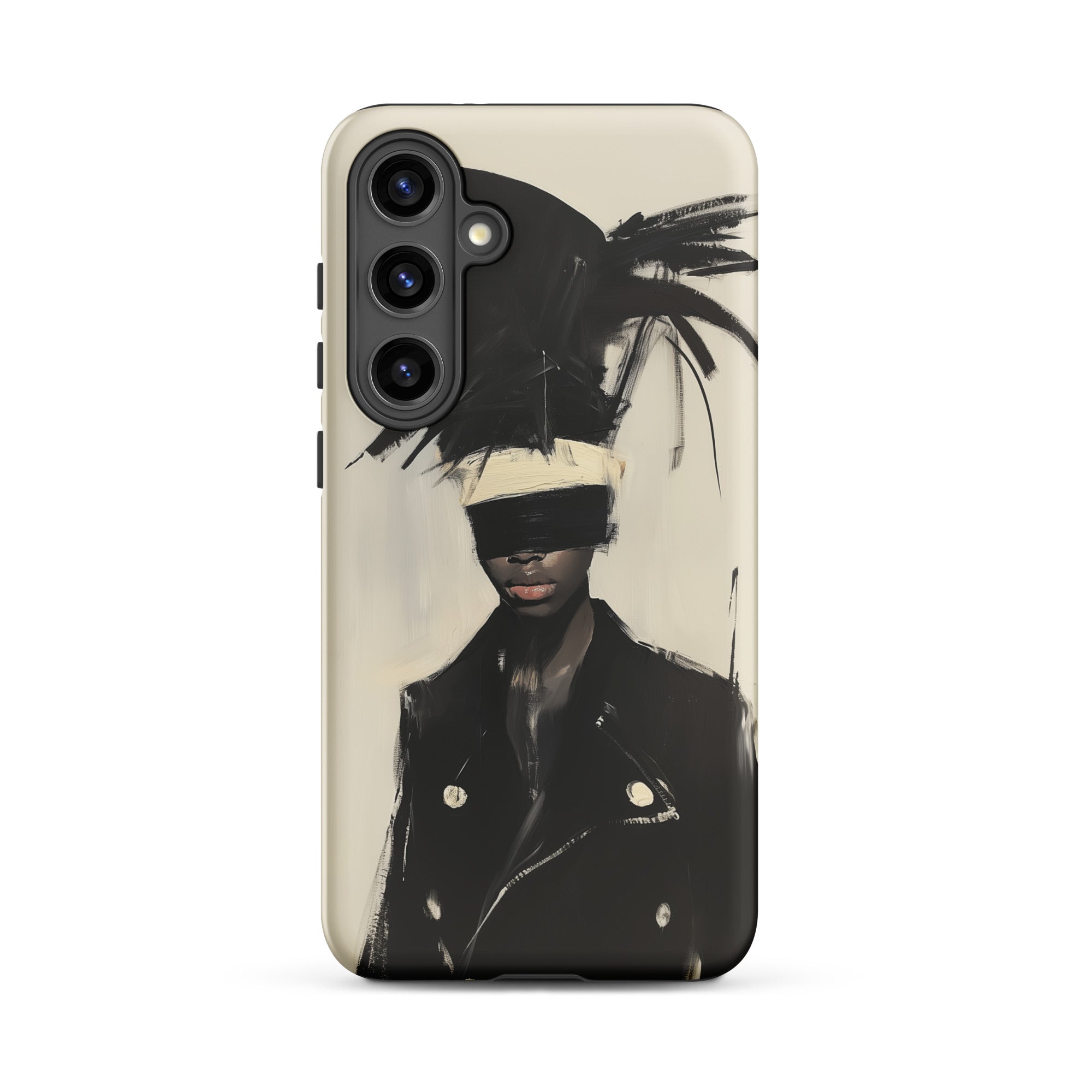 Blindside Black Trans Leather Fashion Samsung Case, Galaxy S24 Plus / Matte, Phone Case Abstract Portrait Figure Feathered Headpiece