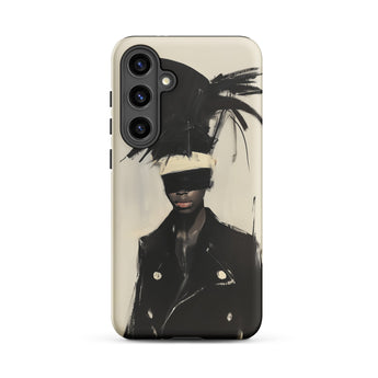 Blindside - Black Trans Leather Fashion Samsung Case, Galaxy S24 Plus / Matte, Phone Case Abstract Portrait Figure Feathered Headpiece